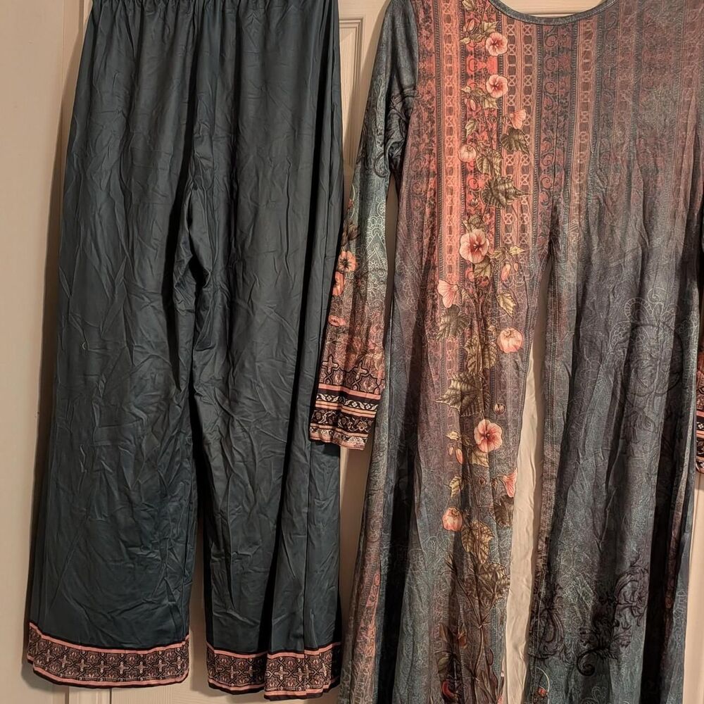 Green and pink floral print polyester & elastane jumpsuit